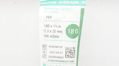 Braun 4252560-02 Introcan Safety FEP IV Cath. 18G x 1-1/4inch 105mL/min